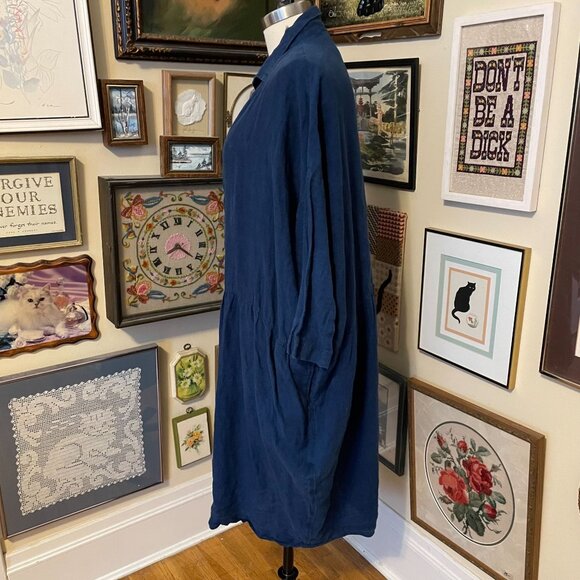 Ichi Antiquites Navy Blue Linen Button Front Shirt Dress with Pockets Size M - Picture 3 of 7